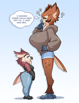 anthro avian_feet beak big_breasts bodily_fluids bottomwear breasts brown_eyes clothed clothed_anthro clothed_female clothing denim denim_bottomwear denim_clothing denim_shorts dialogue duo eyewear feathers female fingers glasses grey_body hand_on_hip hoodie hotpants huge_breasts humor jeans larger_anthro larger_female pants question_mark short_stack shorts side_profile side_view size_difference smaller_anthro smaller_female sweat sweatdrop tail tail_feathers text thick_thighs thought_bubble topwear wearing_glasses yellow_sclera budoti avery_(budoti) calla_(budoti) avian bird blakiston's_fish_owl eastern_screech_owl ketupa owl screech_owl true_owl absurd_res english_text hi_res