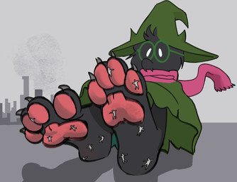 4_toes ambiguous_gender anthro black_body black_fur city city_background claws clothing extreme_size_difference eyewear feet foot_fetish foot_focus fur glasses green_clothing green_hat green_headwear green_robe hat headgear headwear macro male pawpads pink_scarf pupils_only robe scarf size_difference stuck_to_foot toe_claws toes white_eyes alwhiteberry deltarune undertale_(series) ralsei hi_res