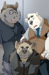 anthro black_nose bottomwear clothing eyewear facial_hair glasses grey_body group horn humanoid_hands kemono male mustache necktie overweight overweight_male pants shirt topwear white_body train_(artist) bear hyena mammal polar_bear rhinoceros ursine 2021 hi_res