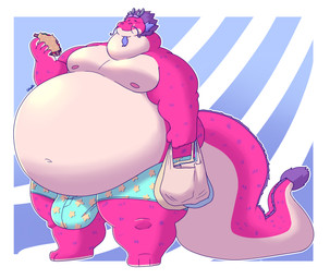 3_toes 5_fingers anthro antlers belly big_belly big_bulge bottomwear bulge burger clothing double_chin eating eating_food eyebrows feet fingers food fur hindpaw holding_bag holding_object horn hotpants huge_bulge love_handles male mane mostly_nude navel nipples obese obese_anthro obese_male overweight overweight_anthro overweight_male pattern_background paws pink_body pink_fur pink_nipples purple_eyebrows purple_mane shopping_bag shorts simple_background solo standing star_pattern striped_background tail thick_tail thick_thighs toes ghgbn asian_mythology east_asian_mythology mythology wish_dragon long_(wish_dragon) dragon eastern_dragon mythological_creature mythological_scalie scalie hi_res
