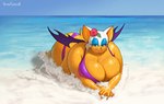 2023 anthro bat beach big_breasts bikini breasts cleavage clothed clothing eyeshadow female fur huge_breasts looking_at_viewer makeup mammal obese obese_female overweight overweight_anthro overweight_female partially_submerged rouge_the_bat seaside sega solo sonic_the_hedgehog_(series) swimwear tan_body tan_skin totesfleisch8 water wet white_body white_fur