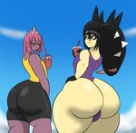 beverage big_butt butt clothing duo eyewear femboy huge_butt looking_at_another male one-piece_swimsuit outside sharp_teeth sky sunglasses swimwear teeth igphhangout nintendo pokemon parker_(igph) generation_6_pokemon generation_7_pokemon humanoid mega_evolution mega_mawile pokemon_(species) shiny_pokemon toxapex