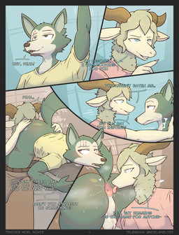 anal anthro anthro_on_anthro anus backsack balls bent_over big_butt black_border blush bodily_fluids border bottomwear bottomwear_down butt clothed clothing dialogue duo facial_scar fur genital_fluids genitals hair heart_symbol horn interspecies licking male male/male musk nose_to_anus open_mouth oral pants pants_down partially_clothed perineum predator/prey rimming saliva saliva_on_anus saliva_string scar sex shirt simple_background smile sweat sweaty_butt tail text tongue tongue_out topwear tenides beastars legoshi_(beastars) pina_(beastars) bovid canid canine canis caprine dall_sheep mammal sheep wolf absurd_res comic digital_media_(artwork) english_text first_page hi_res