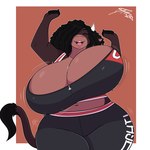 anthro big_breasts black_hair bouncing_breasts breasts cheering cleavage clothed clothing eyes_closed female hair hair_over_eye huge_breasts medium_hair midriff one_eye_obstructed smile solo tail tail_tuft tuft zipper jwinkz summer_(jwinkz) bovid bovine cattle mammal 1:1 2022 hi_res watermark