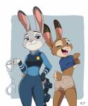 2018 absurd_res anthro badge blue_eyes bluelighthouse bottomwear breasts buckteeth butt clothed clothing cuff_(restraint) deaffinity deannart disney duo eyelashes fan_character female fur handcuffs hi_res high_waisted_bottomwear judy_hopps lagomorph leporid looking_at_viewer looking_back mammal metal_cuffs one_eye_closed open_mouth open_smile pants purple_eyes rabbit restraints shackles shirt shorts side_boob simple_background smile teeth tongue topwear trisha_rose_(bluelighthouse) under_boob undressing wink zootopia