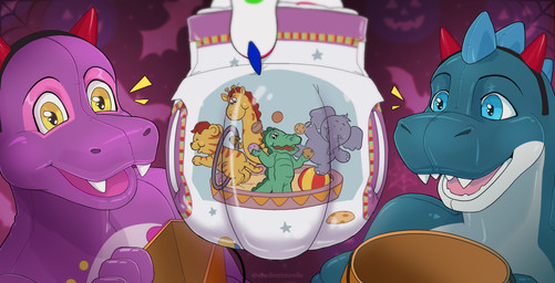 anthro bodily_fluids bucket container diaper duo fake_horns genital_fluids happy holding_bag holding_bucket holding_container holding_diaper holding_object inflatable looking_at_diaper male open_mouth pattern_diaper pool_toy pull-ups_(diaper) simple_background smile swollen_diaper touching_diaper unclean_diaper urine used_diaper wet_diaper obedientmirelle skipper_(zoran) zoran animate_inanimate dinosaur living_inflatable prehistoric_species reptile saurischian scalie theropod tyrannosaurid tyrannosauroid tyrannosaurus tyrannosaurus_rex absurd_res hi_res