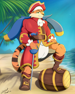 anthro barrel beach clean_diaper clothing coat diaper looking_at_viewer male pirate pirate_costume solo standing topwear toy toy_gun toy_sword water_gun steelshark captain_morgan felid mammal pantherine tiger 4:5 absurd_res hi_res