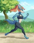 abs anthro athletic atmospheric_perspective big_ears blue_body bra breasts broad_shoulders cleavage clothed clothing cloud day female flower fur fur_markings grass hair jogging leggings legwear long_hair looking_forward markings mountain orange_hair outside path plant ponytail red_hair running sky solo sports_bra tail tight_clothing tree underwear conditional_dnp octavetothink omillea_(octavetothink) canid canine canis mammal wolf 2024 absurd_res digital_drawing_(artwork) digital_media_(artwork) digital_painting_(artwork) hi_res