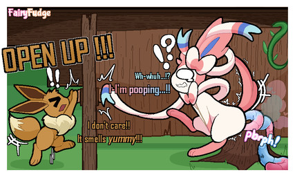 ambiguous_gender bathroom blue_feces candy_feces colored_feces covering covering_crotch dialogue door door_handle doorknob duo emanata embarrassed exclamation_point feces feral food_feces knocking_on_door pink_feces pooping pooping_in_toilet quadruped question_mark ribbons_(anatomy) sound_effects tears_of_desperation toilet_use tree_stump tremble_spikes unusual_feces vowelless vowelless_sound_effect wide_eyed fairyfudge nintendo pokemon eevee eeveelution generation_1_pokemon generation_6_pokemon pokemon_(species) sylveon 5:3 digital_media_(artwork) signature