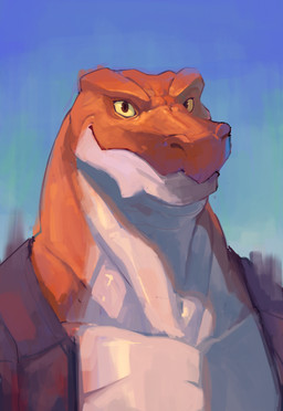 abstract_background anthro brown_eyes clothing countershade_face countershade_neck countershade_torso countershading exposed_chest looking_forward male multicolored_body orange_body solo topwear two_tone_body white_body white_countershading yellow_sclera goofyahdragons lizard reptile scalie 2024 bust_portrait digital_drawing_(artwork) digital_media_(artwork) hi_res portrait