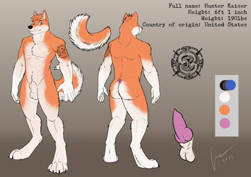 animal_genitalia anthro arm_markings balls black_markings blue_eyes erection front_view fully_sheathed fur genitals glistening glistening_eyes hair looking_at_viewer male male_anthro markings mouth_closed nude orange_body orange_fur orange_hair penis pink_penis rear_view retracted_sheath sheath short_hair solo standing text white_balls white_body white_fur white_sheath hufnaar hunter_kaiser canid canine canis domestic_dog husky mammal nordic_sled_dog spitz 2015 dated english_text model_sheet signature