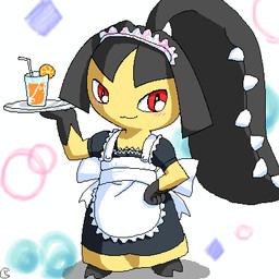 accessory alternative_fashion anthro anthrofied apron bendy_straw beverage biped black_body black_clothing black_dress black_hair black_skin blush clothing dress drinking_straw female food frilly frilly_accessory frilly_apron frilly_clothing frilly_hairband gloves_(marking) goth gothic_lolita hair hair_accessory hair_mouth hairband hand_on_hip headband holding_object holding_platter iris j-fashion juice_(beverage) lolita_(fashion) looking_at_viewer maid_uniform markings monotone_face multicolored_body multicolored_clothing multicolored_dress multicolored_skin orange_juice platter pokemorph pupils red_eyes simple_background smile solo standing two_tone_body two_tone_clothing two_tone_dress two_tone_skin uniform white_apron white_clothing yellow_body yellow_clothing yellow_dress yellow_face yellow_skin g-sun nintendo pokemon generation_3_pokemon mawile pokemon_(species) 1:1 digital_media_(artwork) low_res oekaki source_request