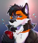 ambiguous_gender anthro black_body black_fur black_nose blue_eyes clothing drinking drinking_straw fur grey_body grey_fur jacket looking_at_viewer male male_anthro multicolored_body multicolored_fur orange_body orange_fur ruskifox solo topwear white_body white_fur meneo coca-cola canid canine fox mammal bust_portrait portrait