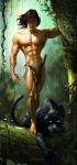 abs athletic biceps black_body black_fur bottomwear clothed clothing detailed_background duo forest fur hair jungle knife loincloth long_hair looking_at_viewer male melanistic muscular nature nipples outside pecs plant pose standing topless tree vein vines david_dunstan disney tarzan felid human mammal pantherine hi_res