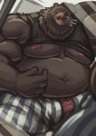2024 absurd_res anthro bear belly ben_bigger brown_body clothed clothing eye_scar facial_scar front_gap_boxers genitals gunso_p hi_res male mammal mihoyo moobs musclegut muscular navel nipples open_mouth overweight overweight_male pecs penis poking_out raised_clothing raised_shirt raised_topwear scar shirt solo tired topwear wardrobe_malfunction yawn zenless_zone_zero