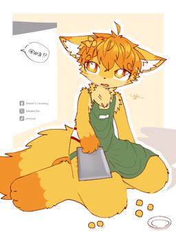 4_fingers anthro apron apron_only bodily_fluids bottomwear briefs cashier clothed clothing colored_seam_underwear dessert dipstick_ears dipstick_tail ear_markings feet fingers food fur green_apron green_clothing hair male markings multicolored_ears neck_tuft on_ground open_mouth orange_body orange_ear_tips orange_eyes orange_feet orange_fur orange_hair orange_hands orange_tail_tip pantsless plate red_seam_underwear scolding shirtless simple_background sitting sitting_on_ground solo speech_bubble sweat sweatdrop tail tail_markings tail_tuft text topwear tuft underwear waiter white_briefs white_clothing white_inner_ear white_underwear yellow_body yellow_fur bikabe3m canid canine fox mammal 2026 3:4 digital_media_(artwork) watermark