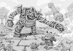 anthro biped clothed clothing cloud detailed_background dot_eyes group humanoid_hands machine outside plant running simple_eyes weapon worried ryo_yambe avian bird canid canine fox mammal robot 2023 absurd_res hi_res monochrome