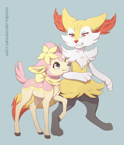 ambiguous_gender anthro black_body black_fur duo feral flower freckles fur grey_eyes one_eye_closed orange_body orange_eyes orange_fur pink_body pink_fur plant ribbons simple_background smile tan_body tan_fur teeth white_body white_fur yellow_body yellow_fur akeahi nintendo pokemon braixen canid canine deer deerling generation_5_pokemon generation_6_pokemon mammal pokemon_(species) spring_deerling