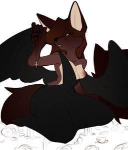 anthro black_clothing black_dress black_wings breasts brown_body brown_fur brown_hair christian_cross christian_symbol clothing countershading cross dress exposed_breasts female fluffy fluffy_tail fur green_eyes hair half-closed_eyes holding_jewelry holding_necklace holding_object jewelry kneeling narrowed_eyes necklace nipple_slip nipples pointy_ears religion religious_symbol short_hair solo tail wings bulochka christianity foxy_(bulochka) hi_res