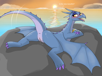 bedroom_eyes blush bodily_fluids butt female feral genital_fluids genitals lying narrowed_eyes presenting presenting_vulva rock sea seductive semi-anthro solo sun sunset vaginal vaginal_fluids vaginal_fluids_puddle vulva water pencil_bolt mythology june_(dragon) dragon mythological_creature mythological_scalie scalie absurd_res hi_res