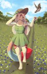 anthro barefoot blue_eyes bow_hat bow_ribbon can claws clenched_teeth clothing cloud container detailed_background dress feet female flower_field fur grass green_bow green_clothing green_dress hair hat headgear headwear long_hair looking_up multicolored_body multicolored_fur open_mouth paws plant raised_arms red_claws sky smile solo straw_hat striped_body striped_fur stripes teeth tree white_hair fikanori the_real_wolf_artist_(character) avian bird canid canine canis mammal 2022 absurd_res digital_drawing_(artwork) digital_media_(artwork) digital_painting_(artwork) hi_res watermark