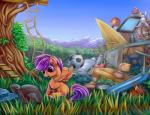 ball book detailed_background feathered_wings feathers female feral grass hair ladder mountain orange_body orange_feathers outside plant purple_eyes purple_hair reading rope rope_ladder scooter sitting soccer_ball solo tree_house wings young viwrastupr friendship_is_magic hasbro my_little_pony mythology scootaloo_(mlp) equid equine mammal mythological_creature mythological_equine pegasus 2015 digital_media_(artwork) hi_res