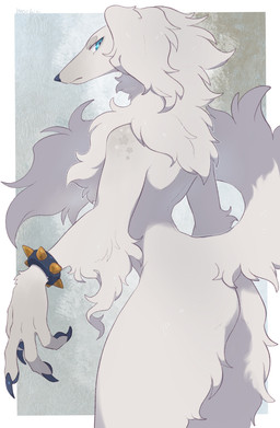 ambiguous_gender anthro black_claws black_pawpads blue_eyes bracelet butt claws finger_claws floral_pattern fur hair jewelry logo neck_tuft pawpads solo spiked_bracelet spikes tail text tuft white_body white_fur white_hair mochiri canid canine canis domestic_dog mammal 2026 absurd_res artist_logo artist_name cel_shading digital_drawing_(artwork) digital_media_(artwork) hi_res shaded