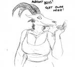 anthro big_breasts black_and_white bovid breasts caprine caprine_demon cleavage clothed clothing comic demon dialogue english_text female front_view fully_clothed goat_demon hladilnik horn lucy_(hladilnik) mammal monochrome solo text