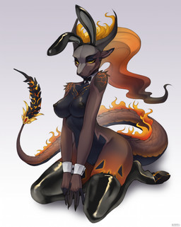 5_fingers anthro areola biped breasts brown_body brown_tail claws clothed clothed_anthro clothed_female clothing cloven_hooves female fingers front_view genitals hooves horn kneeling legwear legwear_only looking_at_viewer mostly_nude nipples partially_clothed partially_clothed_anthro partially_clothed_female simple_background smile solo tail thigh_highs thigh_highs_only topless topless_anthro topless_female underhoof vulva yellow_sclera cheudl pompeii_(timberwolfl) scalie 2025 digital_drawing_(artwork) digital_media_(artwork) hi_res