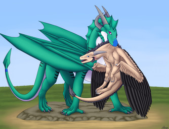 3_toes 4_toes 5_fingers beard bite blue_eyes carrying_another claws dewclaw duo facial_hair feathered_wings feathers feet feral finger_claws fingers frill_(anatomy) fur grey_beard grey_facial_hair mane membrane_(anatomy) membranous_wings purple_eyes scruff_bite spade_tail tail tail_tuft toes tuft wing_claws wings valdemar_fordragon european_mythology mythology anajir leviticus_despencer dragon furred_dragon furred_scalie mythological_creature mythological_scalie scalie western_dragon hi_res