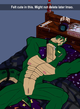 abs animal_genitalia anthro bed cake charger clock cutlery dessert food fork furniture genital_slit genitals green_body kitchen_utensils lying male muscular nipples on_back soda_bottle solo teeth text tools asdfgh01 alligator alligatorid crocodilian reptile scalie absurd_res english_text hi_res
