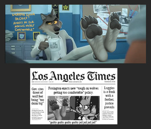 anthro claws clothed clothing duo feet female foot_fetish foot_focus fur male male/female newspaper pawpads paws presenting screencap text toe_claws thebigmansini third-party_edit dreamworks the_bad_guys diane_foxington misty_luggins mr._wolf_(the_bad_guys) canid canine canis fox human mammal wolf english_text redraw screencap_edit
