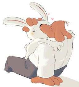 4_fingers anthro bottomwear brown_body brown_fur clothing collared_shirt dress_shirt duo eyes_closed fingers fur heart_symbol holding_head kissing long_ears male male/male nude pants shirt sitting topwear white_body white_fur vestigialbones sam_and_max max_(sam_and_max) samuel_dog canid canine canis domestic_dog lagomorph leporid mammal rabbit hi_res