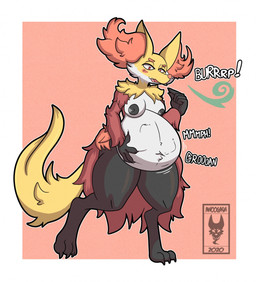 abdominal_bulge anthro areola belly big_belly blush blush_lines breasts burping claws fangs female fur half-closed_eyes hand_on_belly inner_ear_fluff muffled muffled_speech narrowed_eyes navel nipples nude open_mouth paws raised_tail soft_vore solo standing tail teeth text tuft vore awoogasm nintendo pokemon delphox generation_6_pokemon pokemon_(species) 2020 hi_res signature