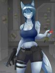 anthro blue_eyes bottomwear breasts c4 cleavage clothed clothing crop_top detonator dog_tags explosives female gun hair holding_object inside midriff mp5 navel non-mammal_breasts ranged_weapon sharp_teeth shirt shorts smile solo teeth topwear weapon colarix nanja fish marine shark absurd_res hi_res