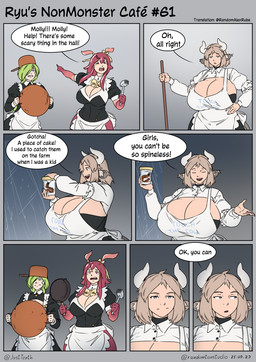 apron armor big_breasts breasts brown_hair cleavage clothed clothing cooking_pot dialogue ears_down female gradient_background green_hair group hair hammer headgear helmet holding_hammer holding_object holding_pan holding_tool horn huge_breasts maid_uniform monster_girl_(genre) open_mouth pan pivoted_ears red_hair scared shield short_hair side_boob simple_background skindentation smile speech_bubble text tools trio uniform white_apron white_background white_clothing wide_hips randomtanstudio ryu's_non_monster_cafe kelly_(randomtanstudio) loo_(randomtanstudio) molly_(randomtanstudio) animal_humanoid aquatic aquatic_humanoid bovid bovid_humanoid bovine bovine_humanoid cattle_humanoid cnidarian cnidarian_humanoid gastropod gastropod_humanoid humanoid jellyfish jellyfish_humanoid mammal mammal_humanoid medusozoan medusozoan_humanoid mollusk mollusk_humanoid slug slug_humanoid comic english_text hi_res