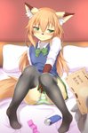 anthro bed bulge clothed clothing condom crossdressing femboy fur furniture green_eyes hair legwear male orange_hair panties pillow sexual_barrier_device solo stockings text underwear white_body white_fur yellow_body yellow_fur an_chobi94 remu-kun canid canine fox mammal 2020 translation_request