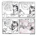 2014 4koma absurd_res anne_barnetson base_two_layout black_nose bovid canid canine canis caprine comic customer_service_wolf dialogue english_text exclamation_point existential_crisis feral four_frame_image goat grid_layout group hi_res humor lagomorph leporid mammal question_mark rabbit snout speech_bubble suid suina sus_(pig) text traditional_media_(artwork) two_row_layout wild_boar wolf