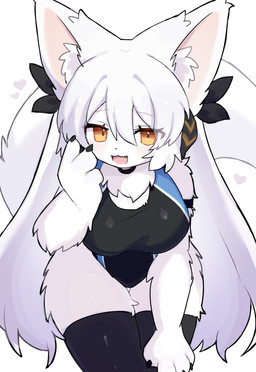 accessory anthro big_breasts big_ears big_tail biped black_bow black_claws black_clothing black_legwear black_one-piece_swimsuit black_swimwear black_thigh_highs blush blush_lines bow_(feature) bow_ribbon breasts brown_horn claws clothed clothing cute_fangs eyelashes fangs female female_anthro finger_claws fluffy front_view fully_clothed fur hair hair_accessory hair_bow hair_ribbon heart_symbol hearts_around_body horn inner_ear_fluff kemono leaning leaning_forward legwear long_hair looking_at_viewer monotone_body monotone_fur monotone_hair monotone_tail neck_tuft one-piece_swimsuit open_:3 open_mouth open_smile pink_inner_ear ribbons smile solo standing swimwear tail teeth thigh_gap thigh_highs tuft twin_bows twin_hair_bows white_body white_ears white_fur white_hair white_inner_ear_fluff white_tail wide_hips yellow_eyes spommmm luna_(spommmm) canid canine fox mammal 2026 colored digital_media_(artwork) hi_res portrait shaded three-quarter_portrait