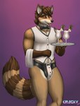 alcohol anthro beverage biped brown_hair bulge cocktail countershade_face countershading genital_outline hair male pina_colada solo tail tongue tongue_out waiter conditional_dnp cracky angelo_(cracky) mammal procyonid raccoon hi_res