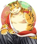 alcohol anthro asian_clothing belly beverage clothing east_asian_clothing humanoid_hands japanese_clothing kemono male moobs navel nipples one_eye_closed overweight overweight_male sake sake_dish sitting solo wink mioki felid mammal pantherine tiger 2022 hi_res