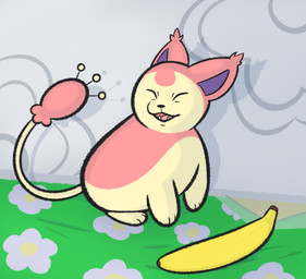 ambiguous_gender banana bedding blanket ear_tuft eyes_closed feral floral_pattern food frown fruit hissing open_mouth plant scowl sitting solo tail teeth tuft drowzycroaks nintendo pokemon generation_3_pokemon pokemon_(species) skitty hi_res