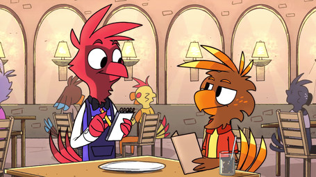 anthro beverage bird_seed bodily_fluids bow_tie duo male menu restaurant vomit waiter piemations avian bird 16:9 animated hi_res short_playtime sound webm widescreen