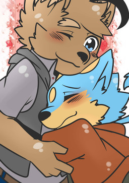 4_fingers anthro anthro_on_anthro belt black_nose blue_body blue_eyes blue_fur blush bottomwear brown_body brown_fur cheek_tuft clothed clothing duo eyes_closed facial_tuft fingers fully_clothed fur happy head_tuft heart_symbol hoodie hug love male male/male one_eye_closed pants pattern_background romantic romantic_couple shirt simple_background sleeveless_clothing smile tan_body tan_fur topwear tuft young young_anthro young_male saku1saya seiya_(saku1saya) canid canine canis domestic_dog mammal 2015 absurd_res hi_res
