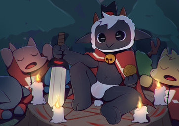 ambiguous_gender anthro antlers barefoot bell bent_over big_eyes blush body_worship bulge candle candlelight chibi cloak clothed clothing crown cult dark detailed_bulge eyes_closed feet fire firelight forest fur group headgear horn kneeling light looking_at_viewer male male/ambiguous melee_weapon navel night nipples occult_symbol open_mouth outside pentagram plant praying robe sitting smile soles sword symbol thong tongue tree tree_stump tuft underwear weapon wool_(fur) cydonia_xia cult_of_the_lamb massive_monster_(studio) follower_(cult_of_the_lamb) lamb_(cult_of_the_lamb) red_crown_(cult_of_the_lamb) ambiguous_species bovid canid canine caprine domestic_pig felid feline fox mammal sheep suid suine sus_(pig) 2022 absurd_res hi_res