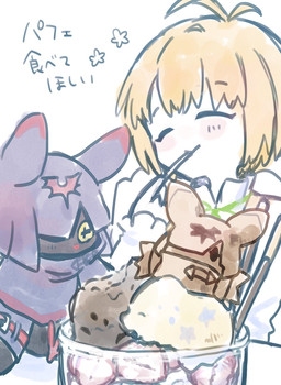 anthro black_body black_fur blonde_hair blush cloak clothing cowl cutlery duo eating eyes_closed fur hair kitchen_utensils male pupils smile spoon sundae tools unusual_pupils wings yellow_eyes ebiebionigiri bandai_namco digimon digimon_beatbreak makoto_kuonji chiropmon digimon_(species) human mammal hi_res
