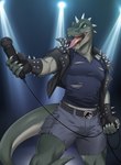 anthro bodily_fluids electronics male microphone rocking_out saliva sharp_teeth solo spikes spikes_(anatomy) tail teeth tongue tongue_out david_morston rocco_(tallion) dinosaur prehistoric_species reptile scalie theropod tyrannosaurid tyrannosauroid tyrannosaurus tyrannosaurus_rex hi_res