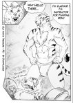 anthro barazoku barbell bulge clothed clothing dialogue group hands_on_hips jockstrap male male/male muscular muscular_male text topless underwear underwear_only loque bear felid mammal pantherine procyonid raccoon siberian_tiger tiger comic english_text greyscale monochrome