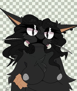 4_fingers 4_jaws antennae_(anatomy) anthro big_breasts black_body black_fur black_hair breasts checkered checkered_background curly_hair ear_piercing ear_ring eyebrow_through_hair eyebrows fangs female fingers fur grey_eyes grey_nipples hair long_ears metal_ferlidine nipples pattern_background piercing ring_piercing simple_background solo standing tan_body tan_fur teeth translucent translucent_hair varnex nikolaussuwulf electronic_arts maxis_(ea) spore_(game) alien
