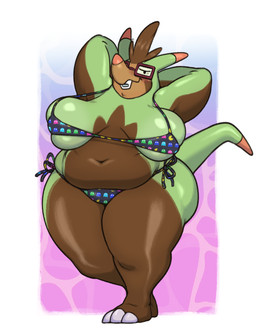 anthro belly big_breasts bikini blush braces breasts butt clothing eyewear female glasses nervous nervous_smile posing_for_picture slightly_chubby slightly_chubby_female solo swimwear tail thick_thighs two-piece_swimsuit xingscourge bandai_namco nintendo pac-man_(series) pokemon eriza_quilladin_(grimitous) pac-man generation_6_pokemon pokemon_(species) quilladin hi_res